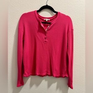 Sundry Pink Thermal Stripe Trim Henley Shirt, Size 1 or S